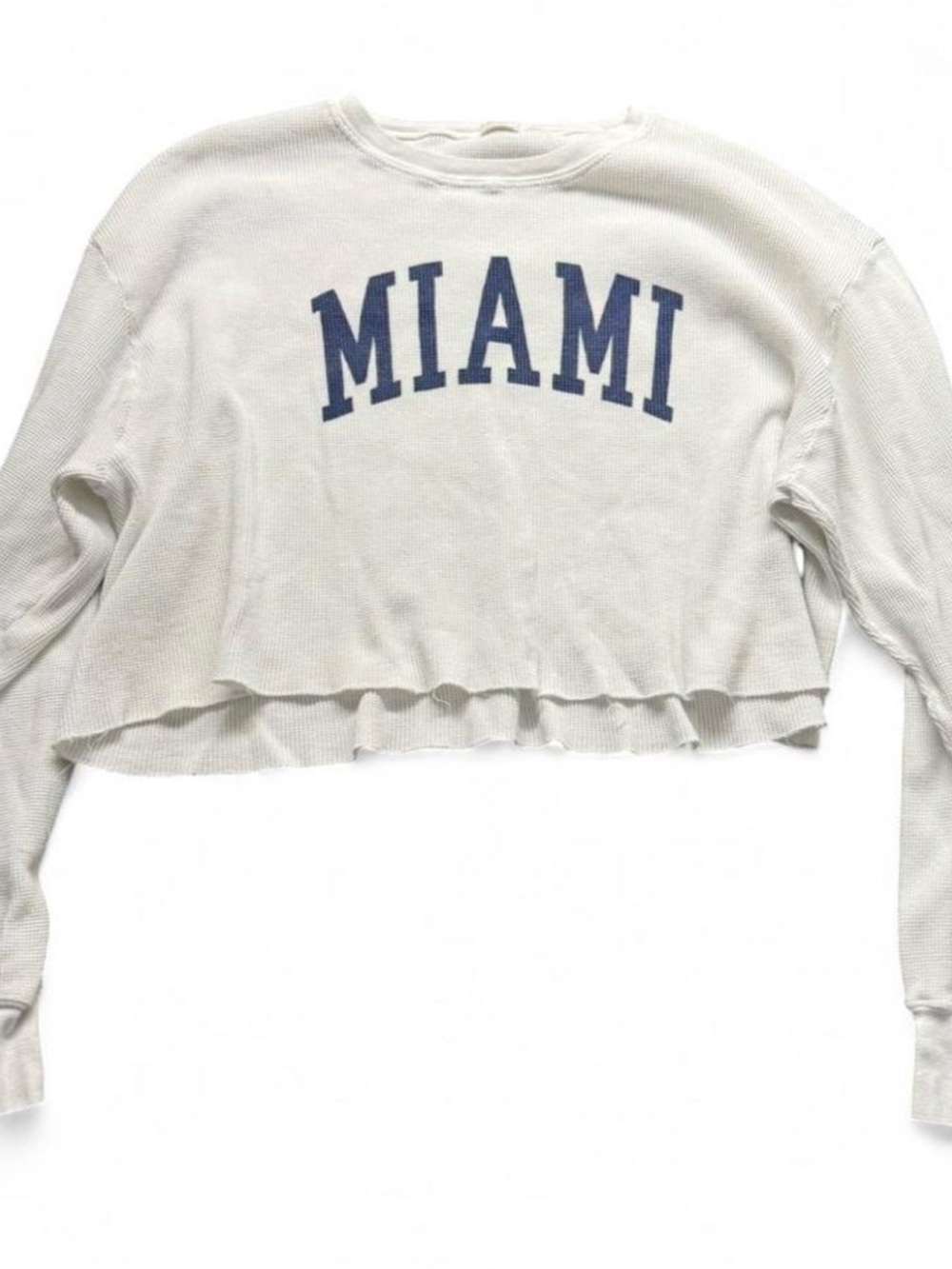 Brandy Melville White Cropped Thermal Top with Navy 'MIAMI' Print